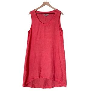 Flax 100% Linen Women’s Sleeveless High Low Midi Dress Pink Orange Stripe Small‎